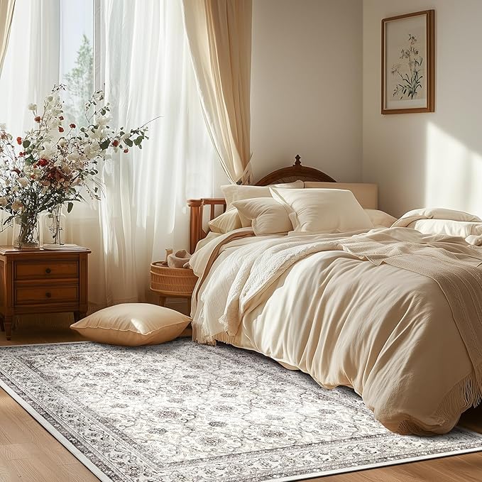 jinchan Floral Area Rugs 4x6 - Machine Washable Vintage Distressed Boho Design Throw Rug Stain Resistant Carpet Low Pile Ultra-Thin Non-Slip for Bedroom Living Room Dining Room Kitchen (4‘x6',Beige)-BubblyBeeBaby