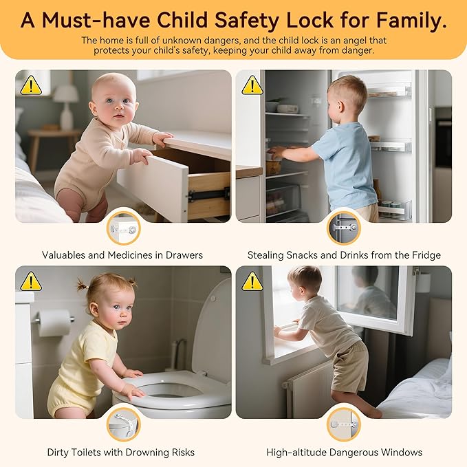 2 Pack Cabinet Locks/Refrigerator Locks Baby Proofing - Child Proof Locks for Drawer, Refrigerator, Fridge, Toilet Seat-No Screws or Tools Required (2 Pack-Grey Locks)-BubblyBeeBaby