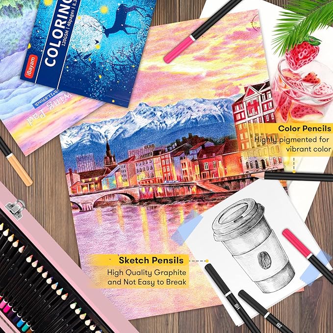 iBayam Arts and Crafts Gifts for Kids 6-14 Year, Teens Girls Christmas Gifts, 150-Pack Art Set Kits with 2 Sketch Pads, Coloring Book, 24 Colored Pencils, 24 Oil Pastels, 24 Watercolor, 60 Crayons-BubblyBeeBaby