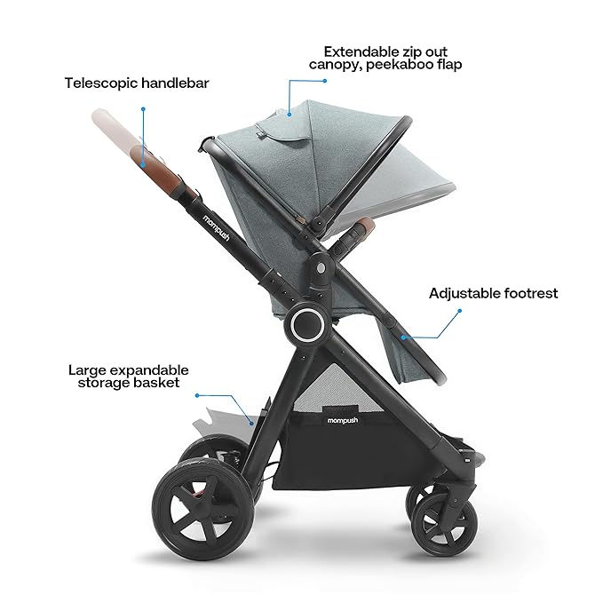 Mompush Ultimate2 Baby Stroller, Premium Convertible Full-Size Stroller for Toddler, Reversible Seat with One Hand Recline Adjustment, Car Seat Adapter Included-BubblyBeeBaby
