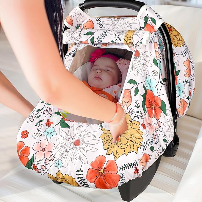 Baby Carseat Cover Girls, Pea Pod Infant Car Seat Covers Canopy for Newborn with 2 Layers Windows of Breathable Mesh/Fabric, Lightweight Polyester/Minky Dot Backing, Snug Fit Most Baby Car Seat-BubblyBeeBaby