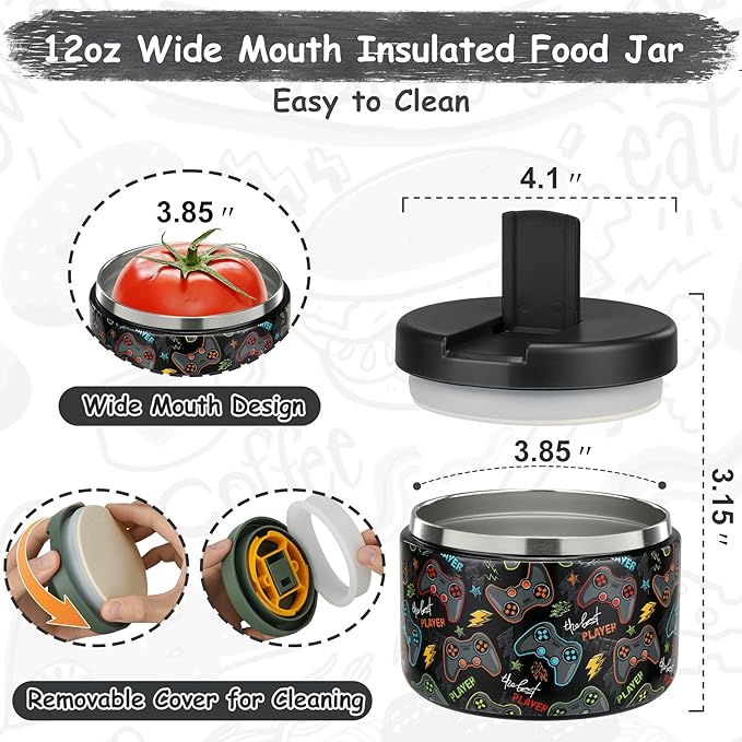 12oz Insulated Vacuum Food Jar with Buckle Lid Wide Mouth Soup Thermo for Hot Food Kids Leakproof Stainless Steel Lunch Container (Black-Game)-BubblyBeeBaby