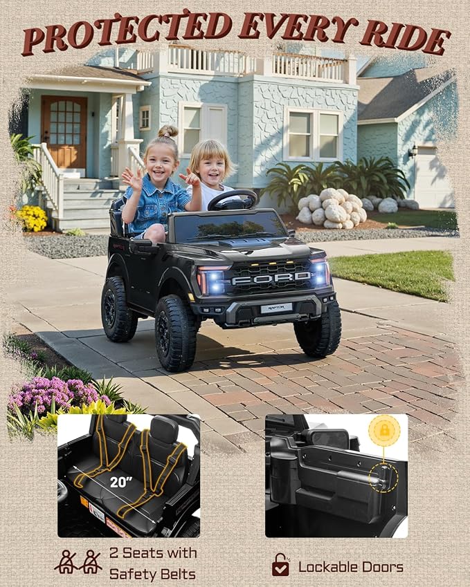 24V Ride on Toys for Big Kids, Licensed Ford F-150 Raptor 2 Seater Kids Ride on Car w/Remote Control, Toddler Electric Car w/LED Lights, Bluetooth, Truck Bed Storage, Soft Start (Black)-BubblyBeeBaby