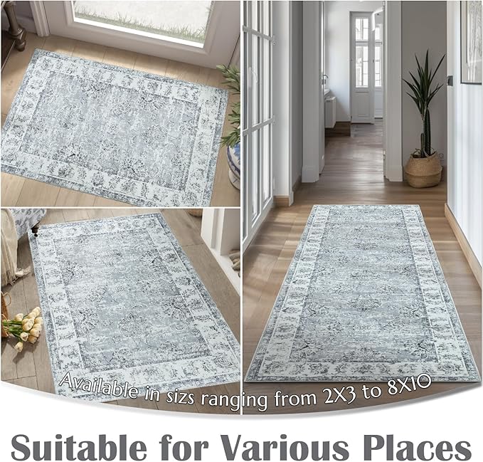 jinchan Hallway Runner Rug 3x8 Washable Runner - Vintage Floral Non Slip Low-Pile Soft Thin Faux Wool Kitchen Rug Distressed Carpet for Farmhouse Bedroom Laundry Room(3x8ft,Grey)-BubblyBeeBaby