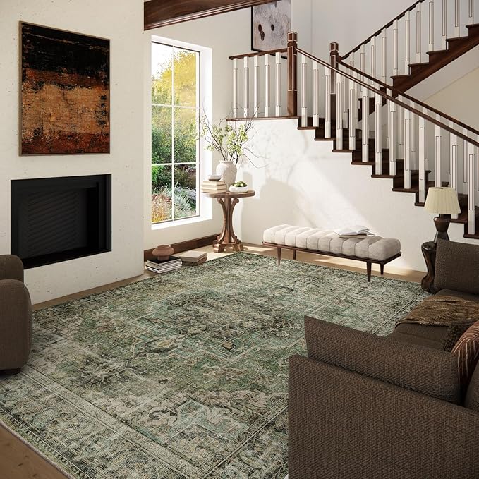 10x14 Area Rugs for Living Room: Washable Bedroom Rug Boho Vintage Rugs Stain Resistant Non Slip Low Pile Soft Lightweight Carpet for Kitchen Dining Room Farmhouse Nursery Kids Room-BubblyBeeBaby