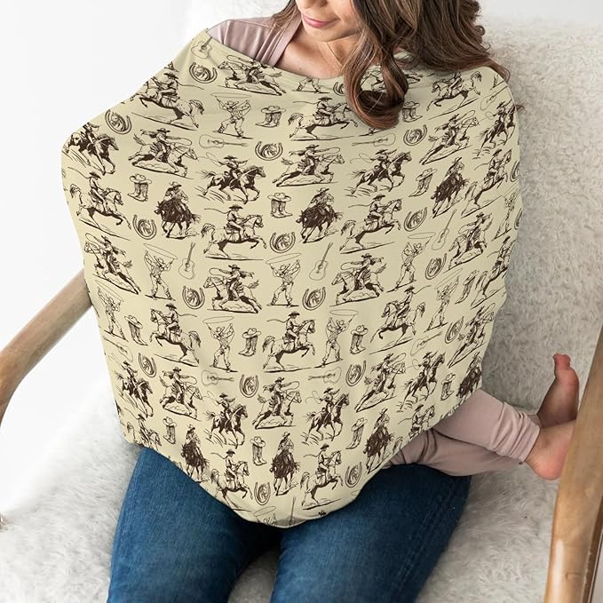 Vintage Cowboy Car Seat Cover for Baby Western Horses Boots Hats Guitar Stretchy 5-in-1 Covers Adjustable Car Canopy Breastfeeding Cover Country Western Breathable Nursing Cover-Up-BubblyBeeBaby