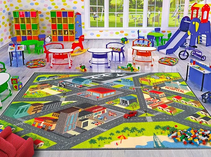 KC Cubs 3x5 City Streets Car Road Rug – Educational Non-Slip Play Mat for Kids, Toddlers, Nursery, Classroom, Playroom, Baby Daycare, Boy Girl Carpet-BubblyBeeBaby