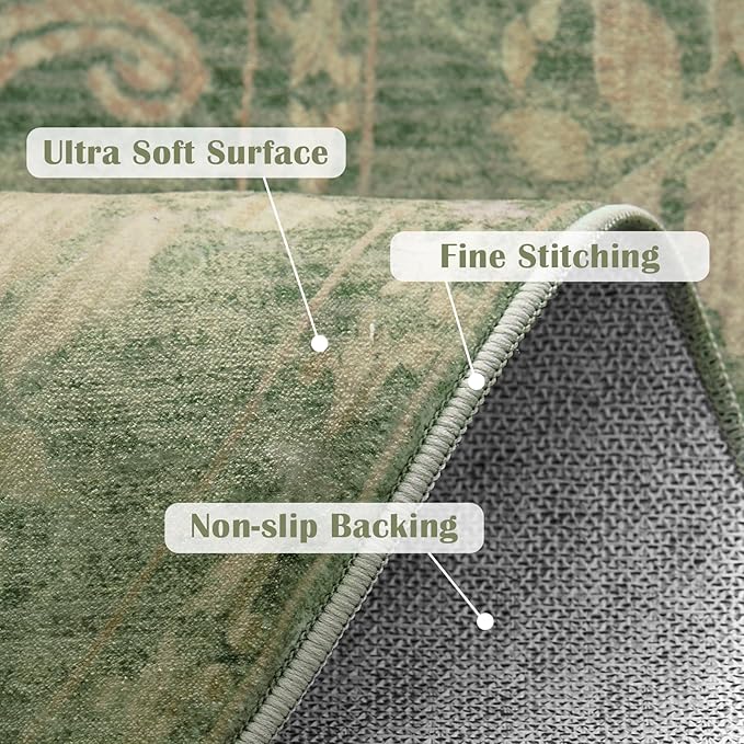 jinchan Round Rug 7ft Area Rugs,Vintage Floral Distressed Design Machine Washable Soft Non-Slip Low-Pile Ultra-Thin Circle Rug for Living Room Dining Room Bedroom Home Office (7' Round,Dark Green)-BubblyBeeBaby