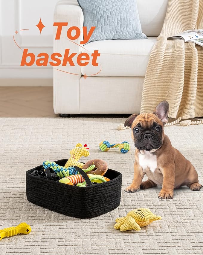 KALLAX Small Woven Basket, 13.5 x 9.5 x 5 Inches, Storage Basket for Organizing, Cute Small Rope Shelf Closet Cube Storage Bins Baskets for Shelves, Dog Toy Gift Baskets Empty, 3 Packs, Black-BubblyBeeBaby