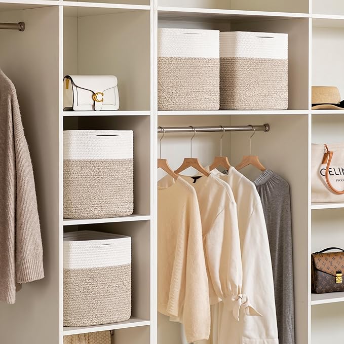 joybest Cube Storage Bins Set of 4, 13inch Cube Baskets Organizer for Nursery, Square Cotton Rope Baskets for Shelves Organizing, Kids Toy, Closet Storage, Brown and Cream White-BubblyBeeBaby