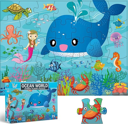 Jumbo Floor Puzzle for Kids, Large Jigsaw Puzzles 35 Piece for Kids Ages 3-5,Preschool Learning & Education Toys, Gifts for 4-8 Year Old Boys and Girls (Marine Animals)-BubblyBeeBaby