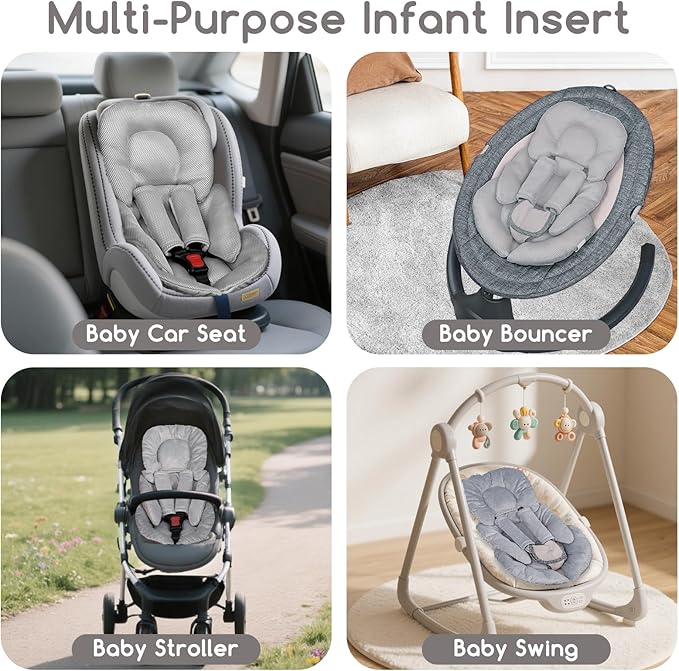 Infant Car Seat Insert for Newborn Girls Boys, Summer Mesh Baby Carseat Head Support with Strap Pads, Soft Reversible Baby Car Seat Insert Cushion Pad for Car Seat, Stroller, Bouncer, Swing, Gray-BubblyBeeBaby