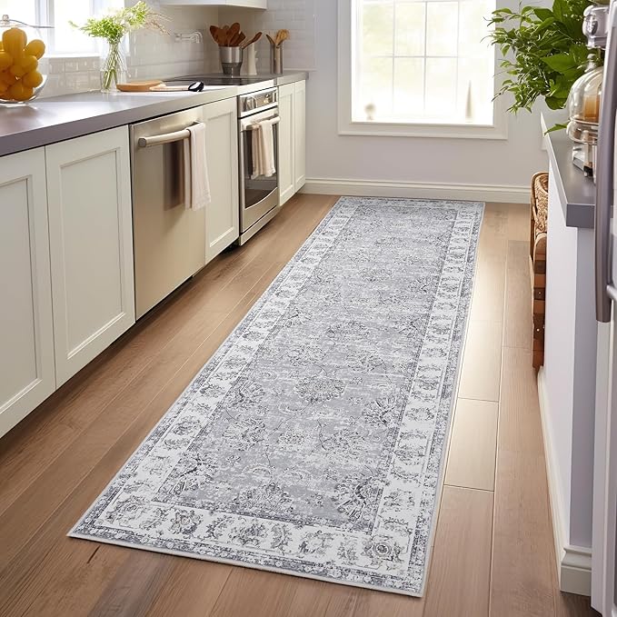 jinchan Hallway Runner Rug 3x10 Machine Washable Runner Rug Grey Vintage Floral Design Non-Slip Low Pile Ultra-Thin for Kitchen Laundry Room Bedroom Farmhouse (3‘x10',Grey)-BubblyBeeBaby