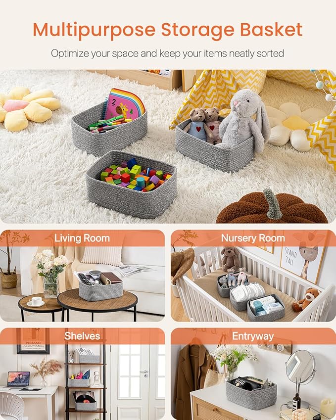 KALLAX Small Woven Basket, 12 x 8 x 4.5 Inches, Storage Basket for Organizing, Cute Small Rope Shelf Closet Cube Storage Bins Baskets for Shelves, Dog Toy Gift Baskets Empty, 3 Packs, Mixed Grey-BubblyBeeBaby