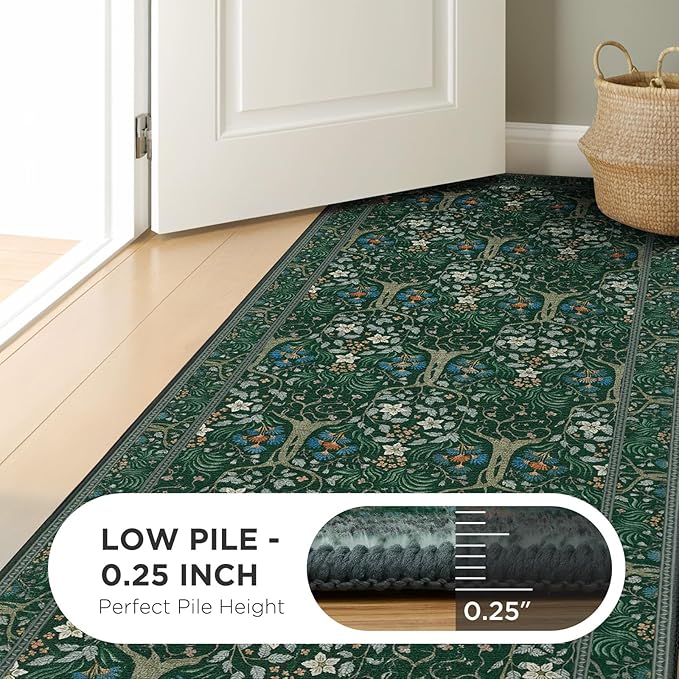 Joydeco Floral 5x7 Area Rugs for Living Room, Boho Dark Green Washable Rug Non Slip, Soft Low-Pile Botanical Forest Indoor Floor Throw Carpet for Office Dining Table Playroom Dorm-BubblyBeeBaby