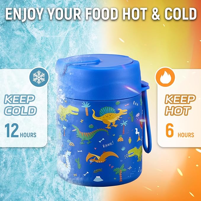 17oz Soup Thermo for Hot Food Kids Insulated Vacuum Food Jar with Stainless Steel Spoon Wide Mouth Thermo Leakproof Lunch Food Container Kids Hot Lunch Box (Blue-Dinasour)-BubblyBeeBaby
