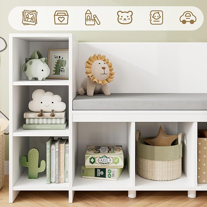 HOSTACK 67" Kids Reading Nook with Bench, Kids Bookshelf and Bookcase with Seat Cushion and 6 Storage Cubbies, Toy Storage Box on Wheels, Toy Chest for Playroom, Bedroom, School, White-BubblyBeeBaby