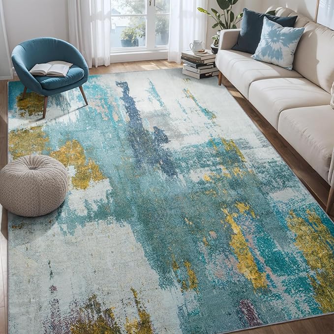 Kelarea 6x9 Area Rugs for Living Room, Washable Abstract Non-Slip Large Rug Stain Resistant Blue Carpet, Low Pile Soft Indoor Rug for Bedroom, Dining Room, Nursery, Kitchen, Home Office-BubblyBeeBaby