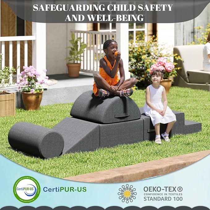 jela Foam Blocks 6Pcs Soft Play Equipment Waterproof Fabric, UV Resistant Toddler Climbing Toys Indoor& Outdoor Soft Play Climbing for Toddlers, Lightweight Climbing Blocks for Babies, Kids (Darkgrey)-BubblyBeeBaby