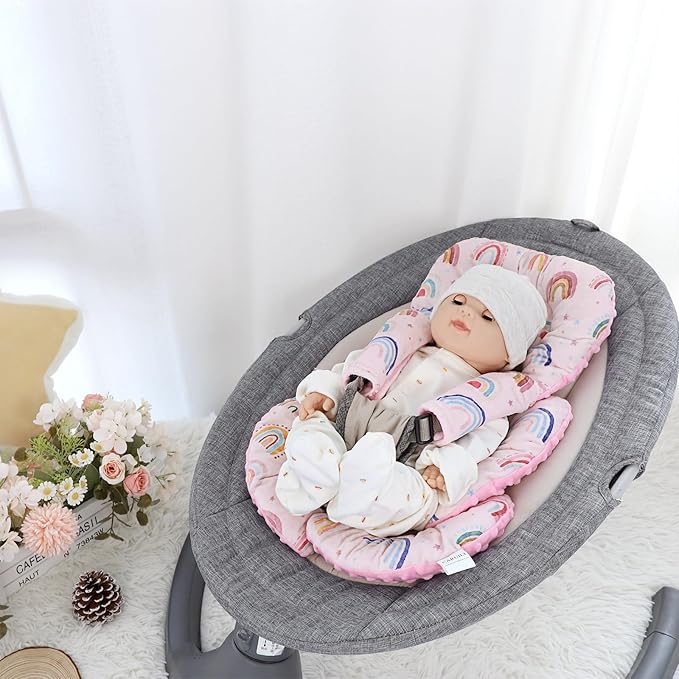 Infant Car Seat Insert, Car Seat Head Support Baby Girls Boys, Soft & Reversible Newborn Carseat Insert Cushion with 2 Strap Covers, for Stroller, Swing, Bouncer (Pink Rainbow)-BubblyBeeBaby