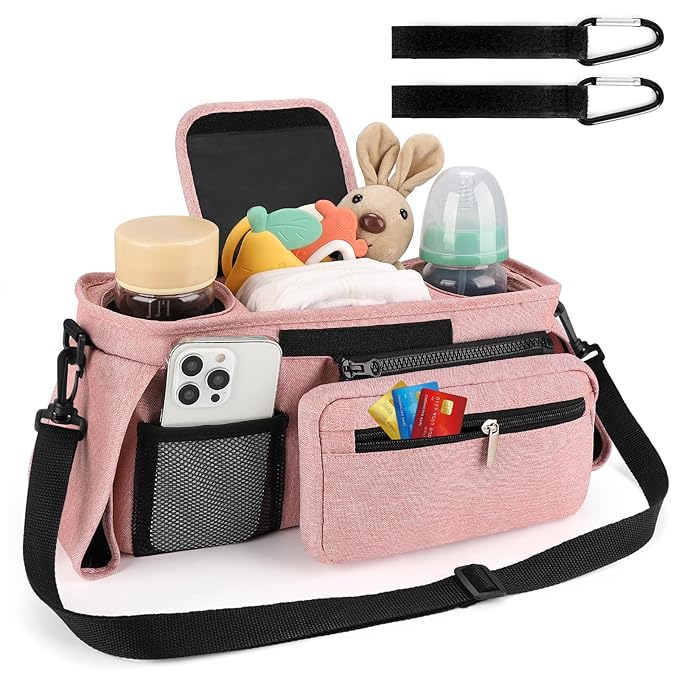 Accmor Universal Stroller Organizer with Insulated Cup Holder Detachable Phone Bag and Shoulder Strap, Stroller Bag Caddy Organizer Accessories Fits for Uppababy, Baby Jogger, Britax Strollers-BubblyBeeBaby