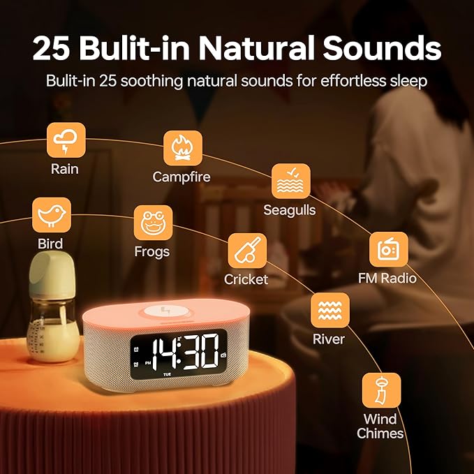 JALL Fabric Alarm Clock for Bedroom, with Big Led Screen Display, Bluetooth Stereo Sound Speaker, FM Radio, Fast Wireless Charging, USB Charging Port, Nightlight, White Noise, Ideal for Gift, Gray-BubblyBeeBaby