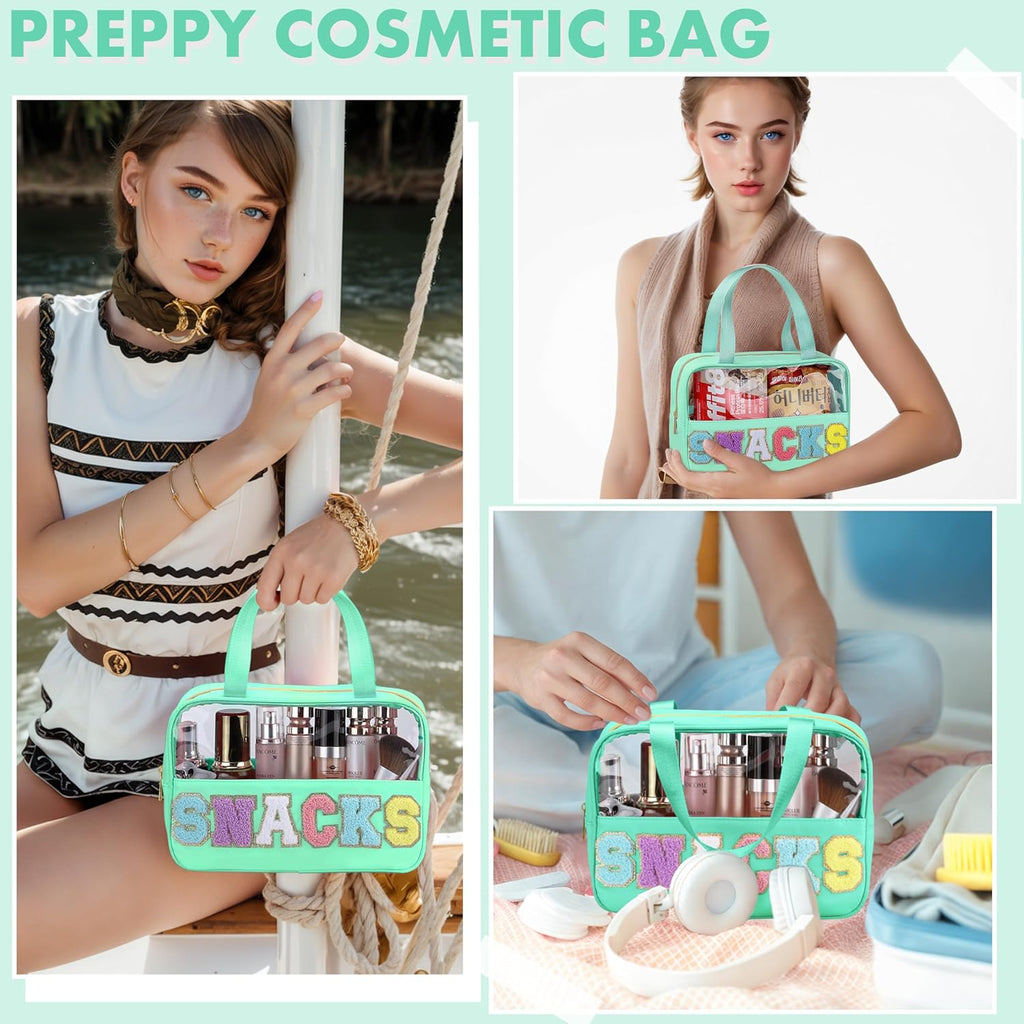 Snack Bag for Travel - Chenille Letter Clear Makeup Bag, Large Preppy Patch Snack Cosmetic Bag with Handle and Zipper, Cute Makeup Pouch Nylon&PVC Waterproof Toiletry Organizer Storage for Women Girls