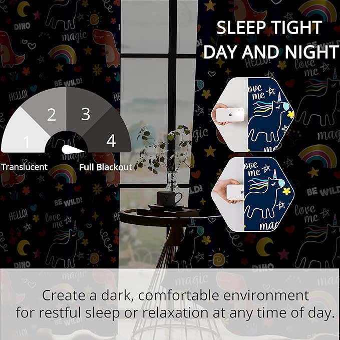 100% Blackout Curtains for Kids - Adorable Dinosaur & Unicorn Pattern, 2Panels, Each W52xL63, Thermal Insulated Noise-Reducing Drapes for Nursery, Bedroom, Playroom - Fun & Colorful Design-BubblyBeeBaby