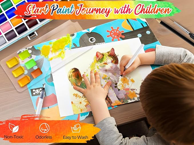 168 Colors Watercolor Paint Set with 4 Brushes, Portable Travel Water Color Kit with Carrying Case, Palette and Accessories, Non-Toxic Art Supplies Gift for Artists Adult Teen Kids Girls-BubblyBeeBaby