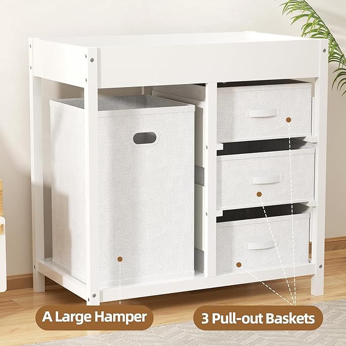 YUFU Baby Changing Table, Diaper Changing Table with Laundry Hamper, 3 Storage Drawers and Pad, Wooden Infant Diaper Changing Station, White-BubblyBeeBaby