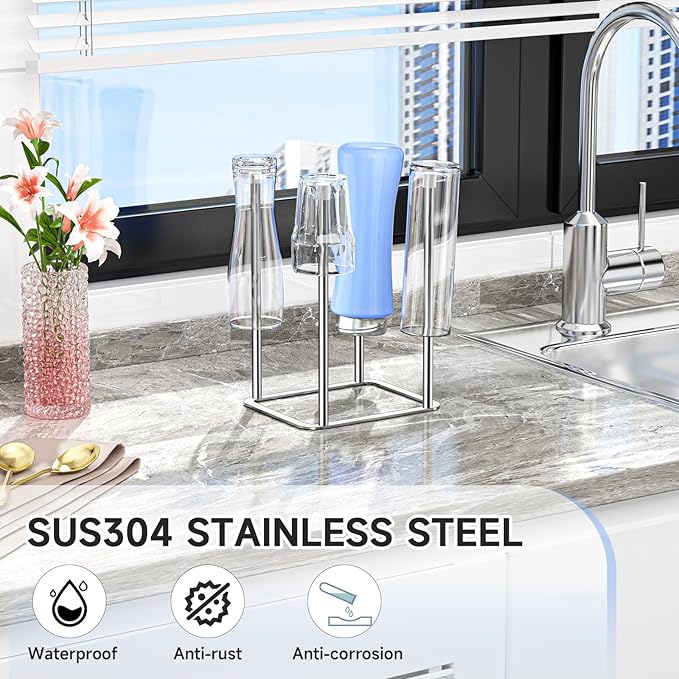 Water Bottle Drying Rack Reusable Bottle Rack Dryer Kitchen Stand Holder Stainless Steels Countertop Baby Bottle Drying Rack Water Cup Drying Rack for Plastic Bags, Bottles and Cups Silver-BubblyBeeBaby