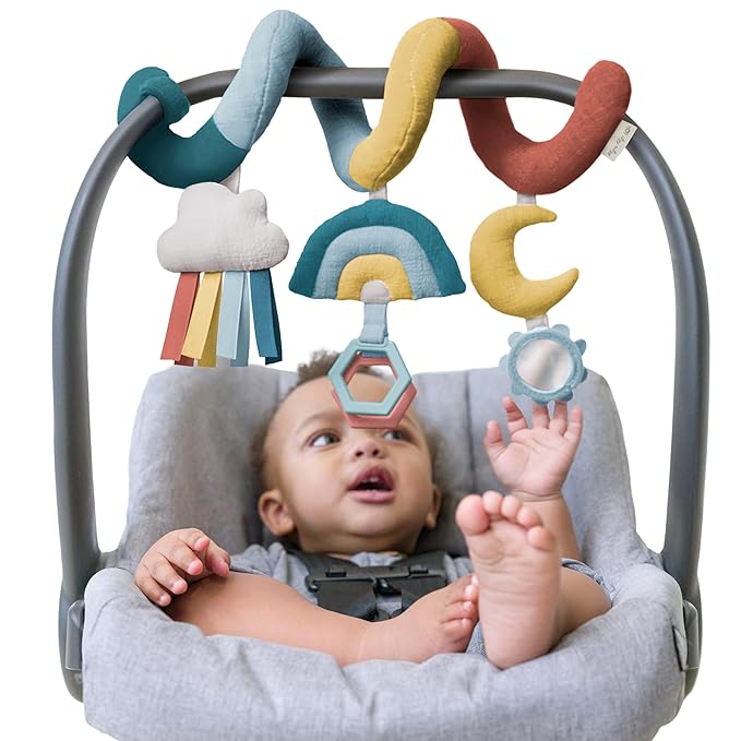 Itzy Ritzy Spiral Car Seat & Stroller Activity Toy - Stroller & Car Seat Toys for Ages 0 Months and Up - Hanging Toys Include Clinking Rings, Mirror and Textured Ribbons (Rainbow)-BubblyBeeBaby