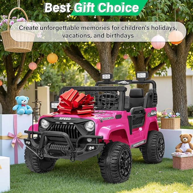 2 Seater Ride On Car Truck with Remote Control XL, Kids 24V Battery Powered Electric Vihicle w/21 in Seat, 3 Speeds, 2WD/4WD Switichable, Shock Absorbers,Bluetooth, Flower, Gift Choice-BubblyBeeBaby