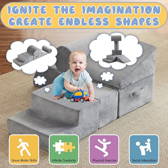 jela Foam Blocks 6Pcs Soft Play Equipment Soft Velvet, Toddler Climbing Toys Indoor Soft Play Climbing for Toddlers, Lightweight Climbing Blocks for Babies, Kids, Climb and Crawl Foam Playset-BubblyBeeBaby