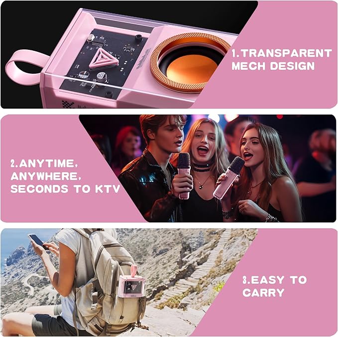 Karaoke Machine for Kids & Adults, Portable Bluetooth Mini Karaoke Speaker with 2 Wireless Microphone and Lights, Birthday Gifts for Girls & Boys, Toys for Girls, Family Home Party (Pink)-BubblyBeeBaby