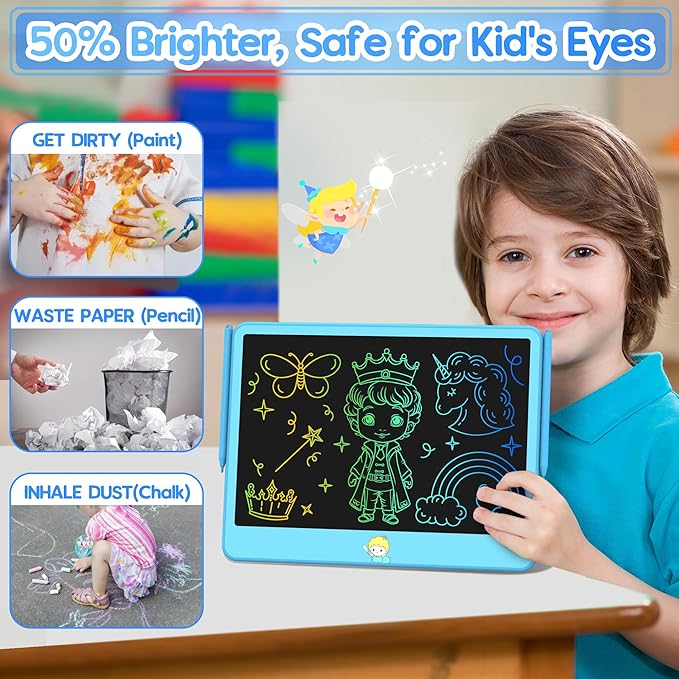 Hockvill LCD Writing Tablet for Kids 12 Inch, Toys for Boys Girls Drawing Pad for 3 4 5 6 7 Year Old Kids Toys, Toddler Erasable Doodle Board Travel Essentials, Children’s Day Gift for Kids - Blue-BubblyBeeBaby