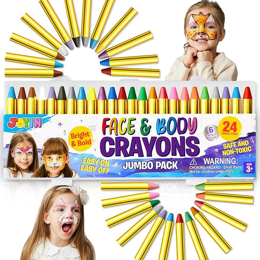 JOYIN 24 Colors Face Paint Safe & Non-Toxic Face and Body Crayons (Large Size 3 inch) Ultimate Party Pack Including 6 Metallic Colors for Birthday Toy Makeup Party Suppiles, Gifts for Kids Girls Boys-BubblyBeeBaby