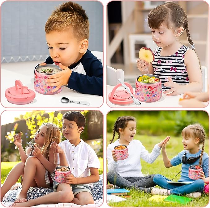 14oz Insulated Vacuum Food Jar with Buckle Lid,Soup Thermo for Hot Food Kids,Wide Mouth Leakproof Stainless Steel Lunch Container with Spoon-Mermaid-BubblyBeeBaby
