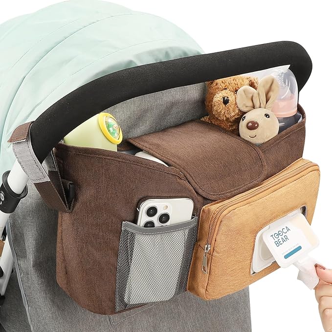Accmor Universal Stroller Organizer with Insulated Cup Holder, Stroller Caddy Bag Accessories, Stroller Cup Holder Organizer for Uppababy Baby Jogger Britax Stroller, Brown-BubblyBeeBaby