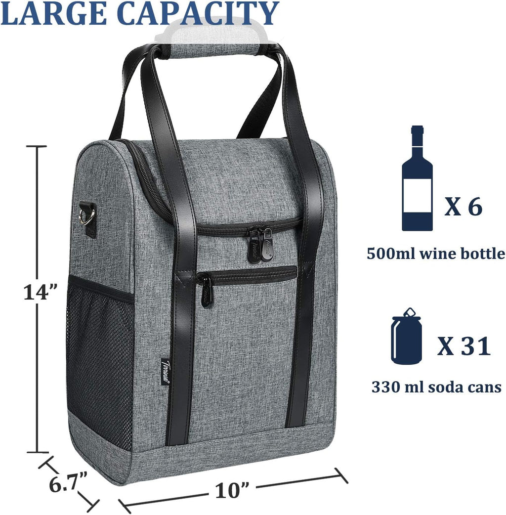 Tirrinia 6 Bottle Wine Cooler Bag - Insulated & Padded Versatile Wine Gift Carrier Tote Bag for Travel, BYOB Restaurant, Wine Tasting, Party, Best Gift for Wine Lover, Grey