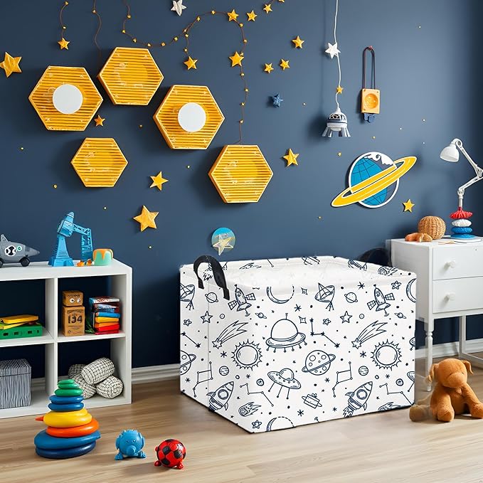 HIYAGON Rectangular Space Basket for Boys Kids Baby Storage Basket Storage Bin Organizer Box Room Decor(Spaceships)-BubblyBeeBaby