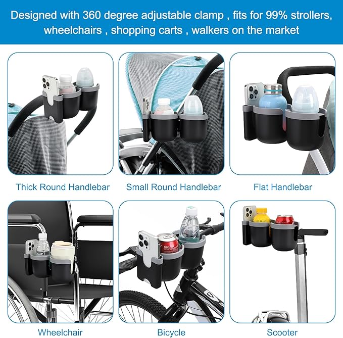 Accmor Stroller Cup Holder with Phone Holder, Bike Cup Holder, Universal Cup Holder for Uppababy Nuna Doona Strollers, 2-in-1 Cup Phone Holder for Stroller, Bike, Wheelchair, Walker, Scooter-BubblyBeeBaby