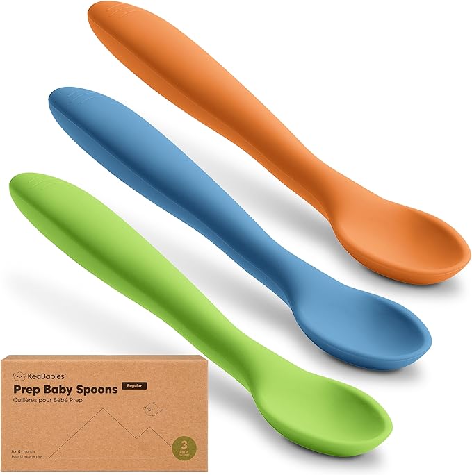 KeaBabies Silicone Baby Spoons, Self Feeding 6-12 months - 3-Pack Baby Weaning Eating Utensils, Toddler First Food Training Spoon, Infant, Kids Feeding Supplies Essential Set, Dishwasher-safe (Kea)-BubblyBeeBaby
