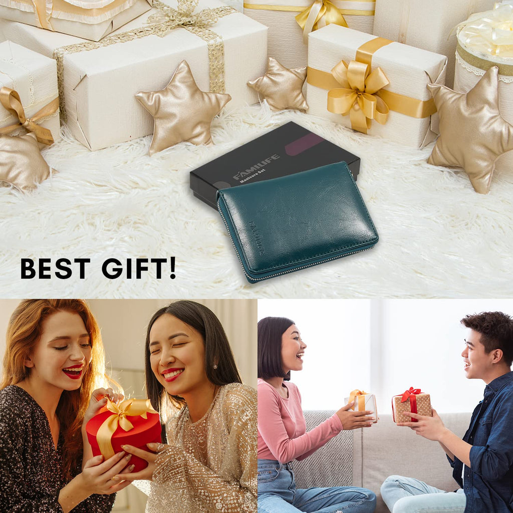 FAMILIFE Nail Kit, Professional Manicure Set Manicure Kit, 11 in 1 Stainless Steel Nail Clippers Set Pedicure Tools, Men Grooming Tool with Portable Blue Leather Travel Case Luxury Gifts for Him