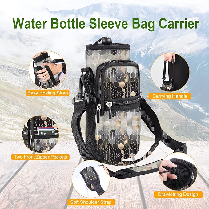 25/32/40/64oz Water Bottle Bag Holder Carrier-Insulated Crossbody Sling Case Sleeve with Strap & Pockets for Men Women Gym Cycling Travel Walking Hiking Camping-BubblyBeeBaby