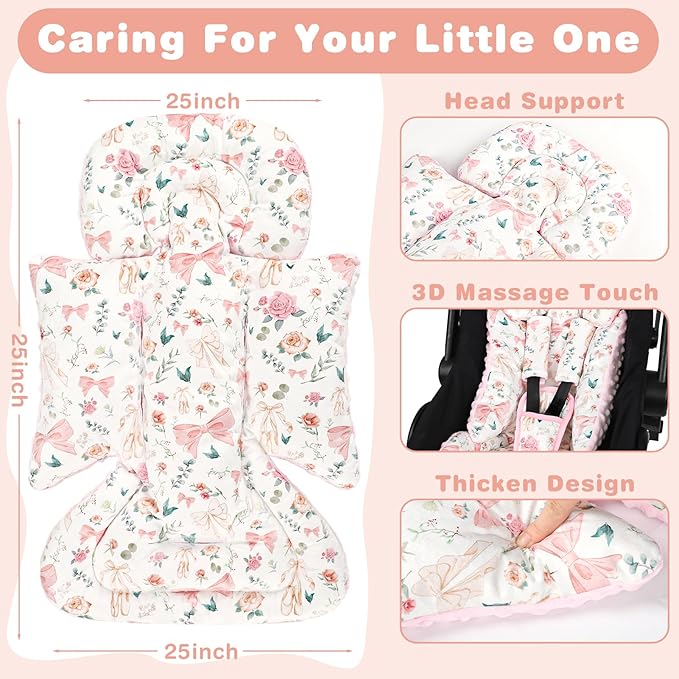 3-in-1 Infant Car Seat Insert, Soft Head and Body Support,Ultra & Strap Covers Set, Reversible Newborn Car Seat Cushion Pad for Baby Boy & Girl fits Stroller, Swing, Bouncer (Pink Bow)-BubblyBeeBaby