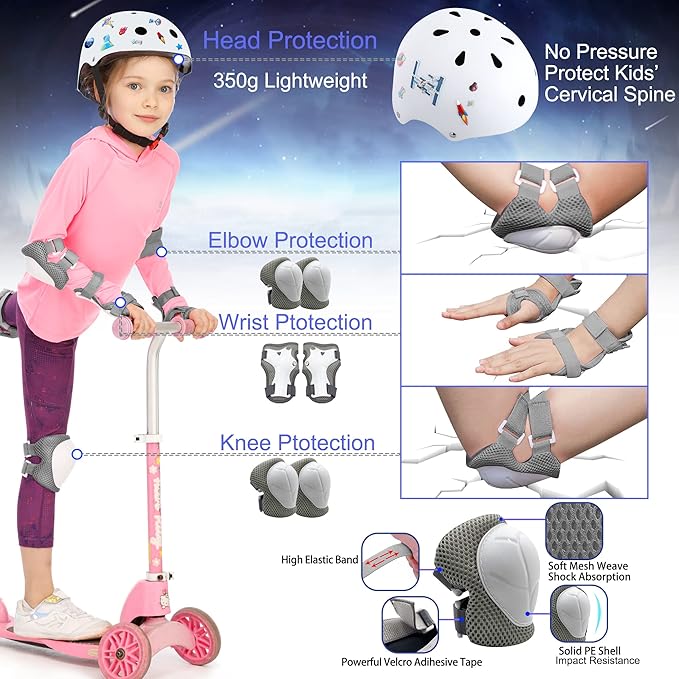 Kids Bike Helmet with DIY Stickers and Knee Pads Elbow Pads Wrist Guard Set for Ages 3-8-14 Toddler Boys Girls Helmet for Roller Skates Cycling Skateboarding Bicycle Scooter-BubblyBeeBaby