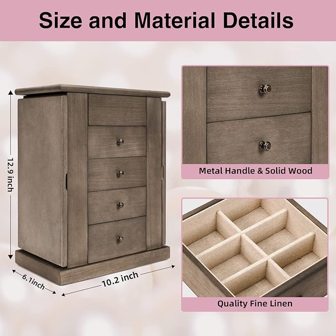 Jewelry Box for Women, 5 Layer Large Wood Jewelry Boxes & Organizers for Necklaces Earrings Rings Bracelets, Rustic Jewelry Organizer Box with Drawers and Mirror(Weathered Gray)-BubblyBeeBaby