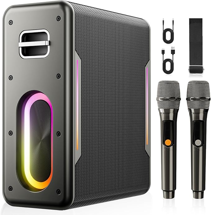 Karaoke Machine with Two Wireless Microphones, Powerful Portable Bluetooth Speaker for Adults & Kids, PA System with 2 Voice Mode, LED Lights, Supports BT/TWS/AUX/USB/TF for Party (Black+Sliver)-BubblyBeeBaby