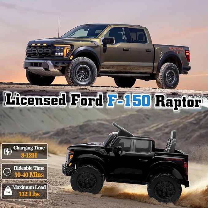 12V Ride on Car Licensed Ford F-150 Raptor, Kids Electric Car with Remote Control, LED Light/Music/MP3, Truck Bed Storage, 3-Point Seat Belt (12V, Black)-BubblyBeeBaby